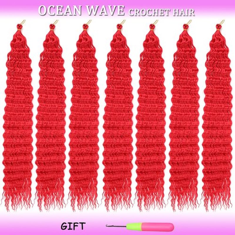ZRQ 30 Inch Deep Wave Crochet Hair Red Color Long Ocean Wave Crochet Hair 7 Packs Curly Braiding Hair For Beach Curl Braiding Hair Synthetic Braiding Hair Extensions #Red