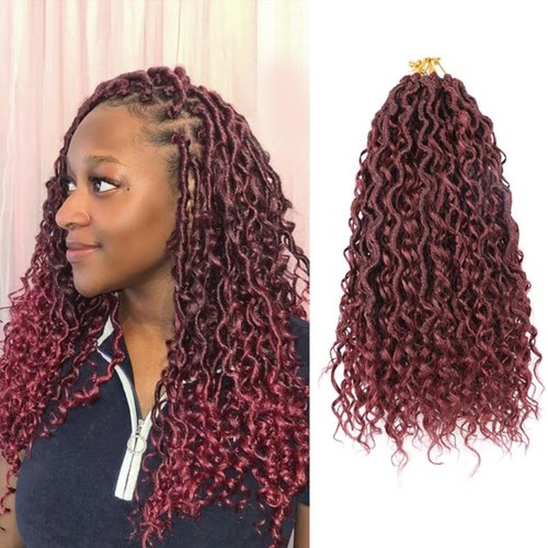 14 Inch Bugrundy Crochet Hair Goddess Locs 7 Packs Bohemian Locs Crochet Hair with Curly Ends Pre Looped Soft Faux Locs Crochet Hair for Black Women River Locs Crohet Braids(14 Inch,99J)
