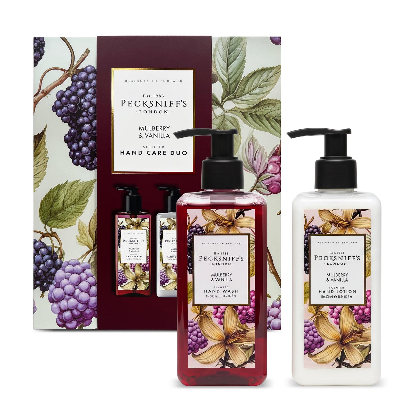 Pecksniff’s Hand Care Duo Gift Set, Mulberry & Vanilla, Hard Box Set with 300ml Hand Wash and 300ml Hand Lotion, Moisturizing Sink Set, Designed in England