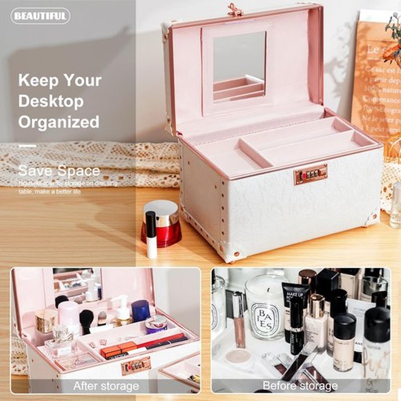 urecity Portable Retro Leather Makeup Train Case Cosmetic Organizer Case Leather Storage Box with Combination Lock (12.5", Rose White)