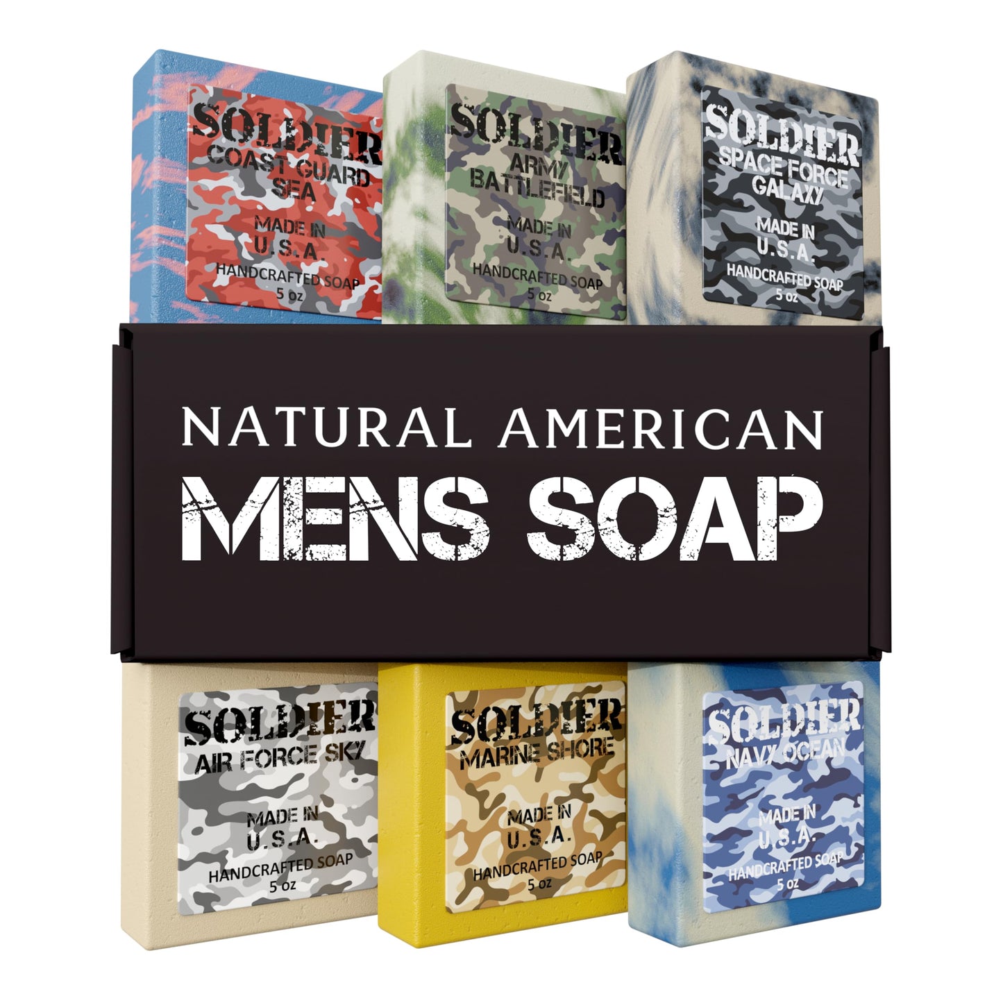 NATURAL AMERICAN SOLDIER Mens Bar Soap - Masculine Scents, 100% Natural Soap for Men - Essential Oils, Organic Shea Butter - Made in USA, Man Body Wash - 5 oz (6pk)