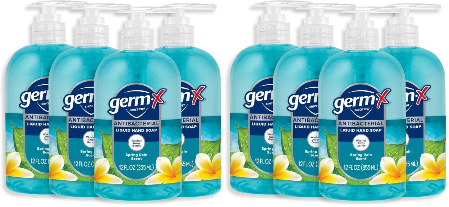 Germ-X Antibacterial Hand Soap,12 Oz,Moisturizing Liquid Hand Wash for Kitchen or Bathroom,pH Balanced & Dermatologist Tested,Spring Rain Scent,Pump Bottle,(Pack of 8)