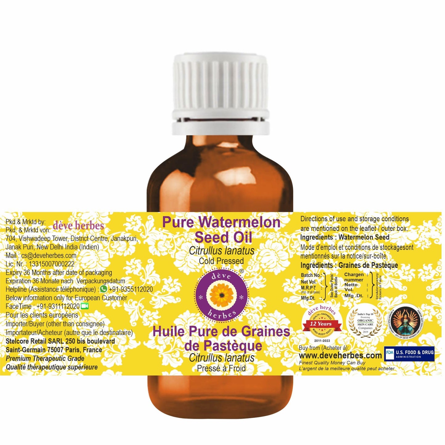 Deve Herbes Watermelon Seed Oil (Citrullus lanatus) | Cold Pressed | Pure | Natural | Undiluted | for Diluting Essential Oils | for Skin & Massage | Non-Sticky| Lightweight| Men & Women | 30ml (1 oz)