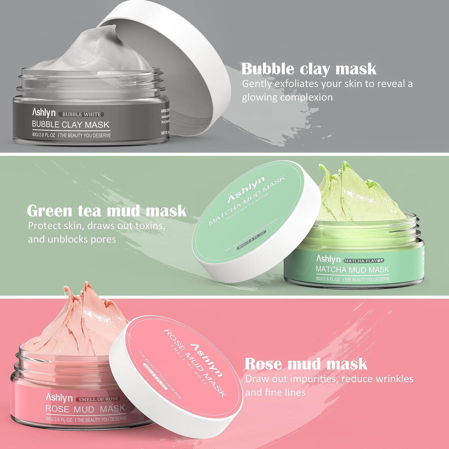 Ashlyn 3-Piece Mud Mask Set, Green Tea Mud Mask, Rose Mask Skincare Series, Dead Sea Foaming Deep Cleansing Mask, Firming Oil Control, Pore-Minimizing Skincare, 8.46 oz