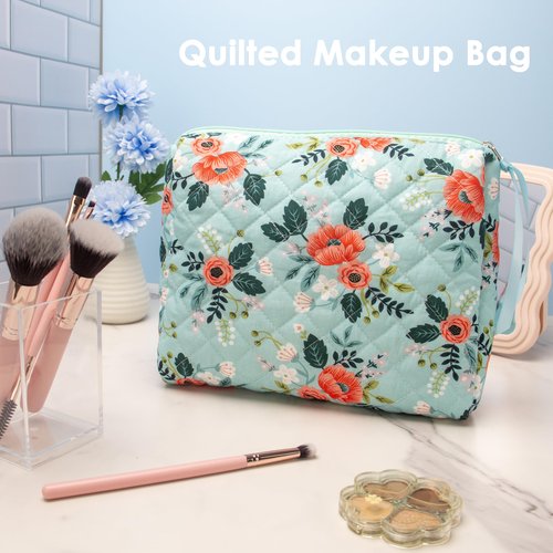 PAZIMIIK Cotton Makeup Bag for Women Large Quilted Travel Cosmetic Pouch Girls' Make Up Organizer,Flower Green