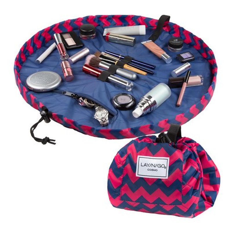 Lay-n-Go Cosmo Drawstring Cosmetic & Makeup Bag Organizer - Portable Drawstring Makeup Bag w/Zipper Pocket, Makeup Loops & More - Durable, Machine Washable Makeup Bag for Travel (20”, Pink Chevron)
