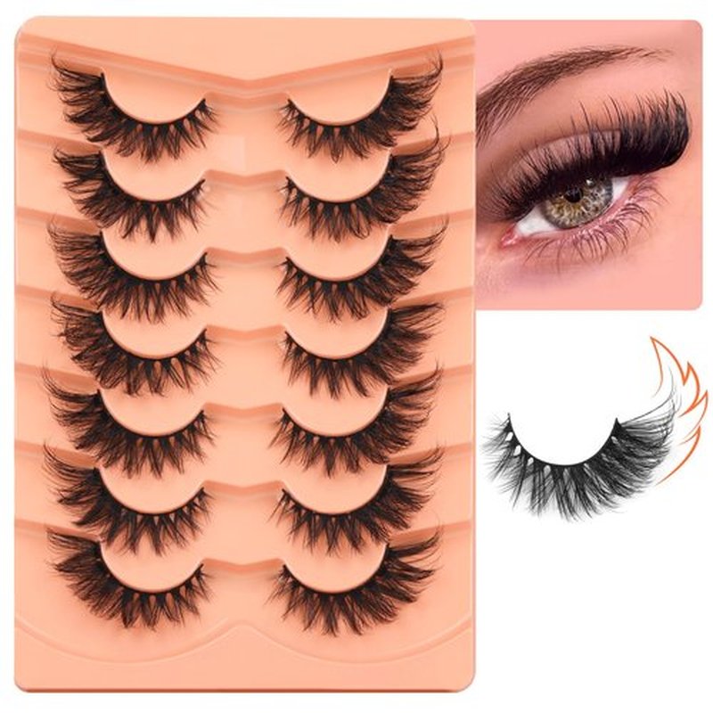 ALICROWN False Eyelashes, 7 Pairs Fluffy Cat Eye, Wispy Strip False Lashes, Mink Lashes, Long Volume, Fake Eyelashes, Cruelty Free, Black
