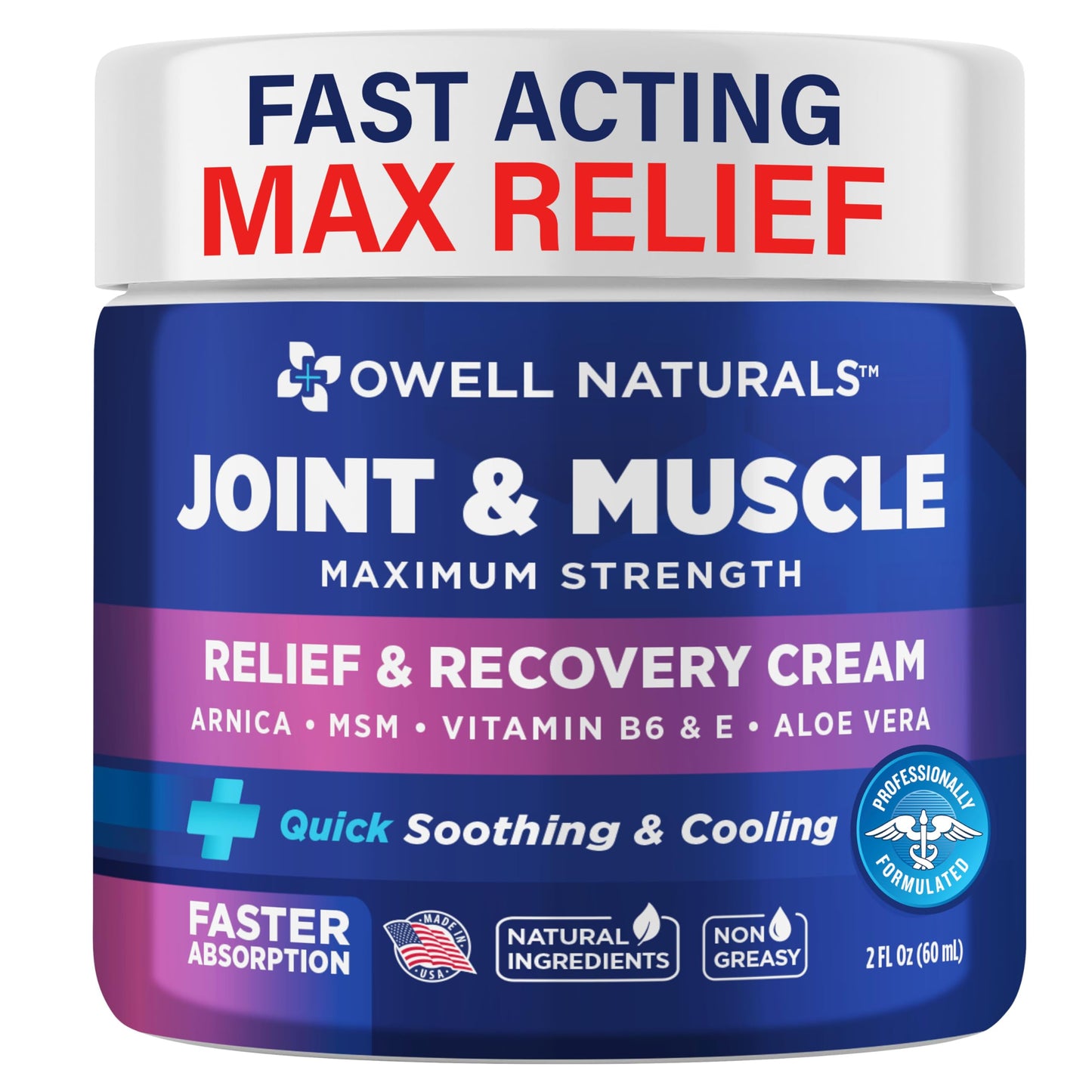 Owell Naturals Joint & Muscle Deep Penetrating Therapy Soothing Comfort Cream, Maximum Strength Relief & Recovery for Lower Back, Neck, Knee, Hands, Feet, Shoulder, 2 Oz