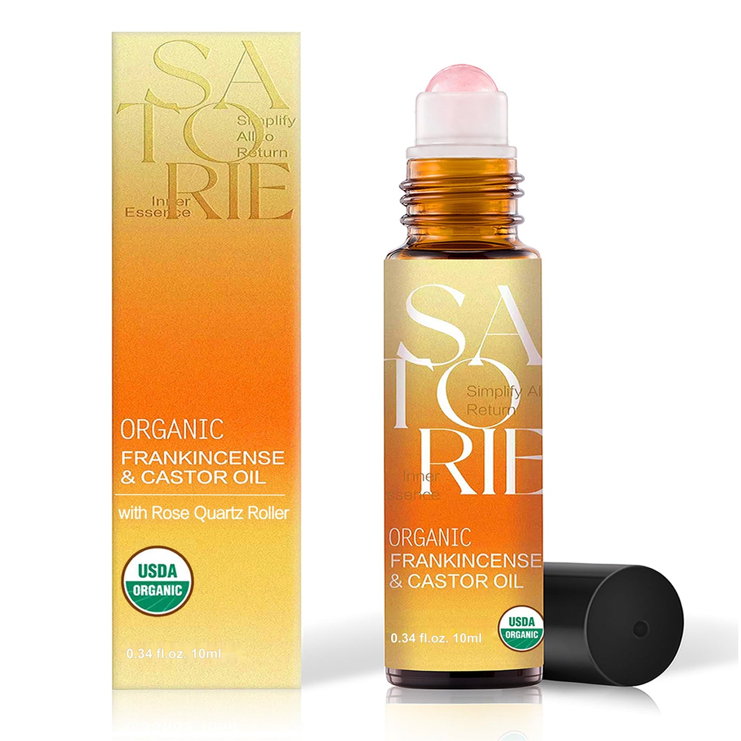 SATORIE 2-Pack Organic Castor & Frankincense Oil with Rose Quartz Rollerball - USDA Certified Essential Blend Oil Roll-On, for Face, Under Eyes, Anti-Aging, Dark Circles