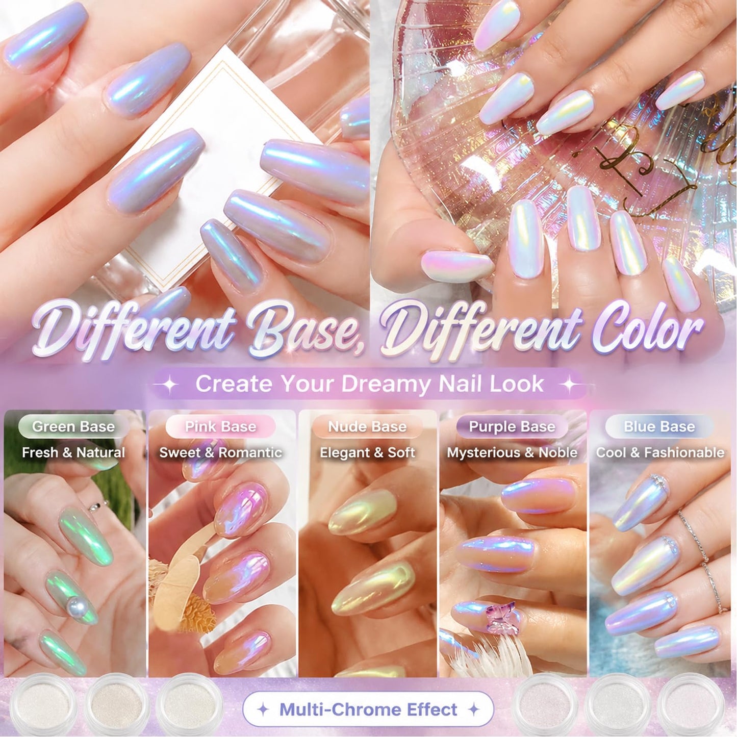 7 Colors Chrome Nail Powder Set, Nail Chrome Bulk,White Pearl Iridescent Aurora Metallic Mirror Effect Dip Nail Powder Kit, Gel Polish Holographic Mermaid Pigment, Resin Craft,Nails Art Gift for Women