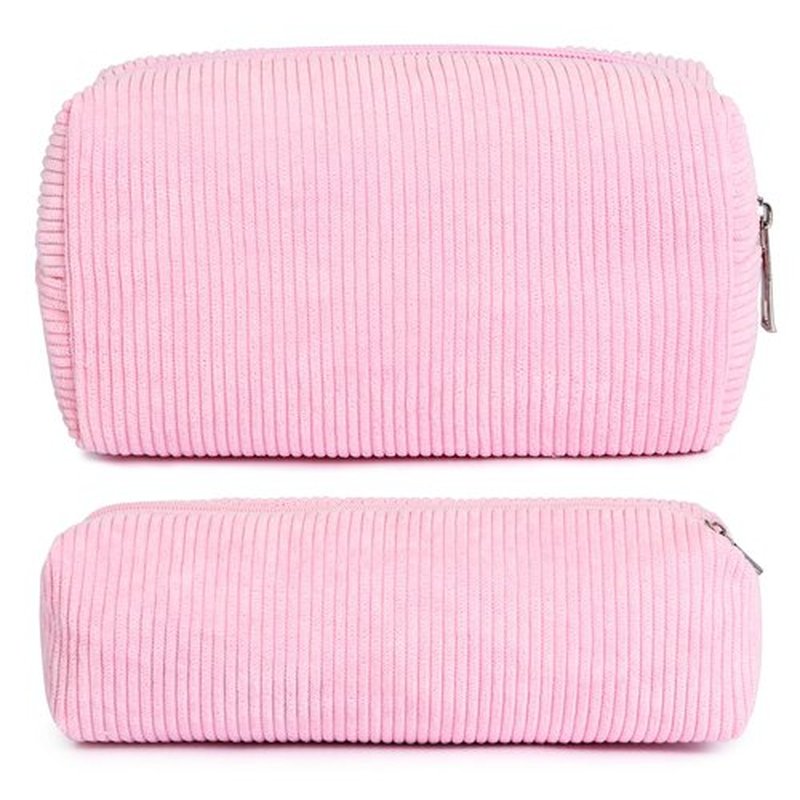 SOIDRAM Makeup Bag Corduroy Cosmetic Bag Cute Pink Makeup Pouch 1Pcs Large Capacity Makeup Bags and 1Pcs Makeup Brushes Storage Bag Travel Toiletry Bag Organizer
