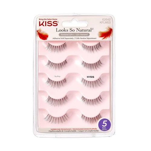 KISS Looks So Natural, False Eyelashes, 'Sultry', 12 mm, Includes 5 Pairs Of Lashes, Contact Lens Friendly, Easy to Apply, Reusable Strip Lashes, Glue-On