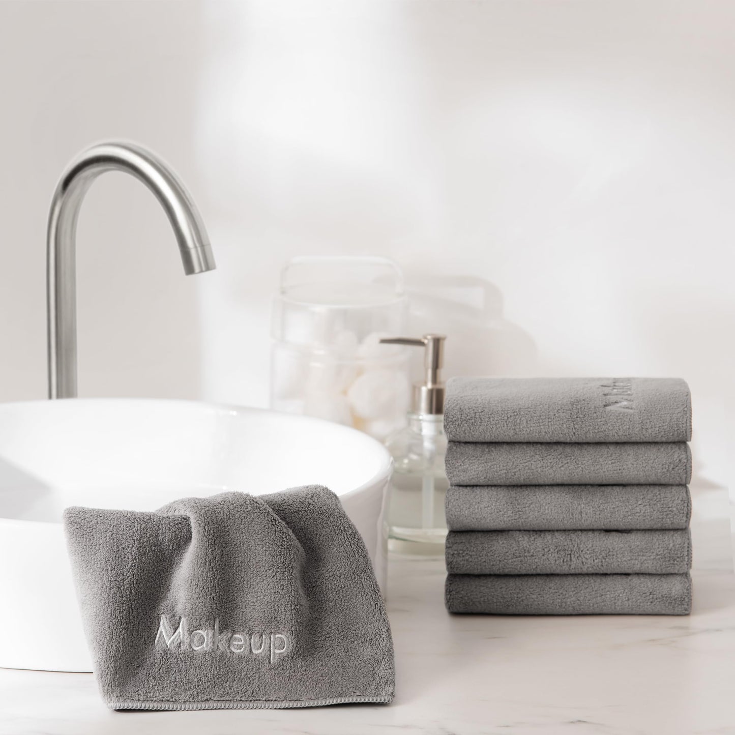 Arkwright Makeup Remover Fingertip Towels 6 Pack - Microfiber Coral Fleece Face Towels, Ultra Soft Reusable Washcloths, Gentle Facial Cleansing for Waterproof Makeup, 11 x 17, Grey