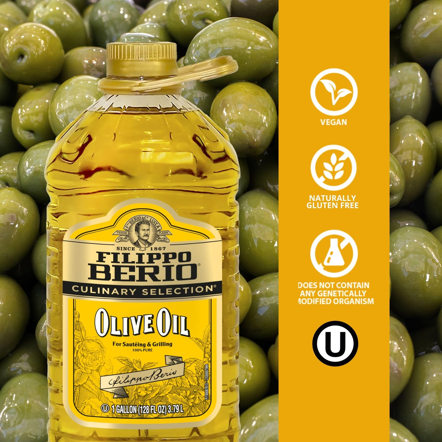 Filippo Berio Pure Olive Oil for Cooking, Frying and Grilling, Mild Flavor All Purpose Olive Oil, rPET, 128 Ounce (Pack of 1)