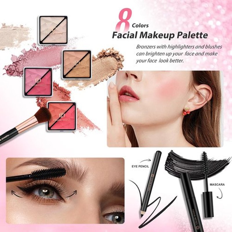 Color Nymph Makeup Case with Full Kit Cosmetics Set For Girls, Makeup Sets For Beginner Teenages Train Case Make Up Kit Cosmetics Box Includs Eyeshadow Lipstick Blush Lipgloss Mascara and Tools -Pink