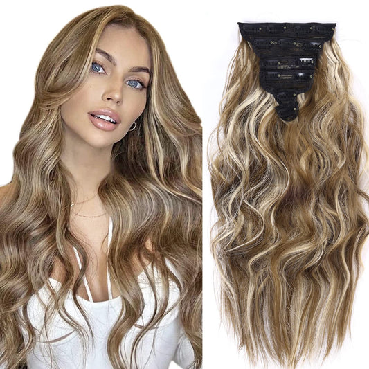 ELIO Clip in Hair Extensions, 20 Inch 6PCS Synthetic Long Thick Wavy Hair Clip Ins Extensions Double Weft Hairpieces Full Head For Women Extension 240g(8.47oz) (Medium Brown Mix Blonde)