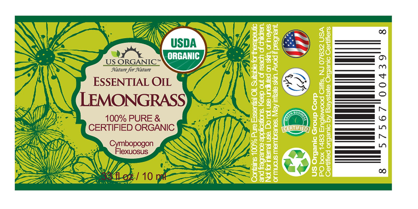 US Organic 100% Pure Lemongrass Essential Oil, USDA Certified Organic, Extracted by Steam Distillation Method, for Hair, Nail Polish Remover, Bees Attraction, and More. 10 ml, Value 2 Pack