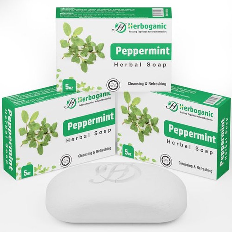 HERBOGANIC Peppermint Herbal Soap | Pack of 3 of 5oz soap Bar | Natural Bar Soap for Face and Body | Hydrating and Nourishing | Suitable for Men and Women