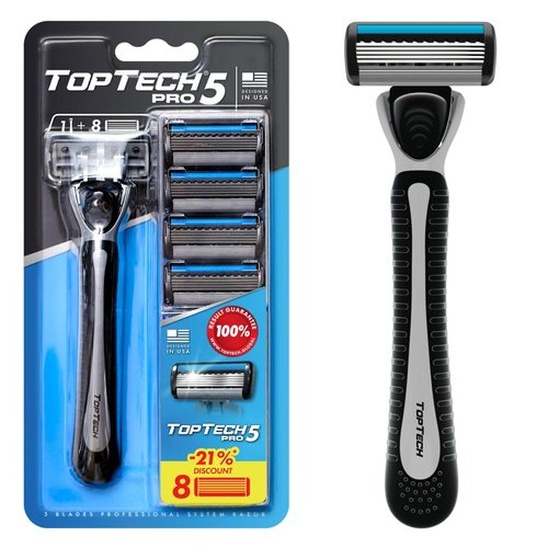 TopTech PRO 5 Razors for Men - Manual Shaving Razor & Replaceable Cartridges - 5-Blades Technology - 9 Count Pack (Handle + 8 Refills) - Soft Shave & Sharp Blades - Cost-effective Refill