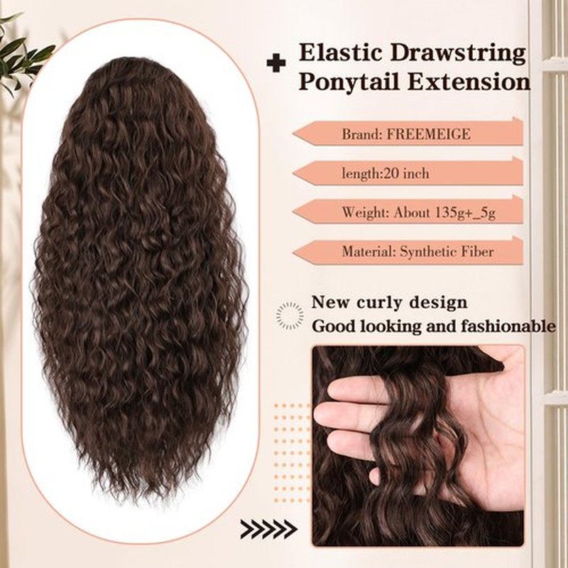 FREEMEIGE Ponytail Extension, Curly Drawstring Ponytail for Black Women Dark Brown Ponytail Hair Extensions 20 Inch Long Curly Wavy Synthetic Hair Clip in Ponytails Extension for Women