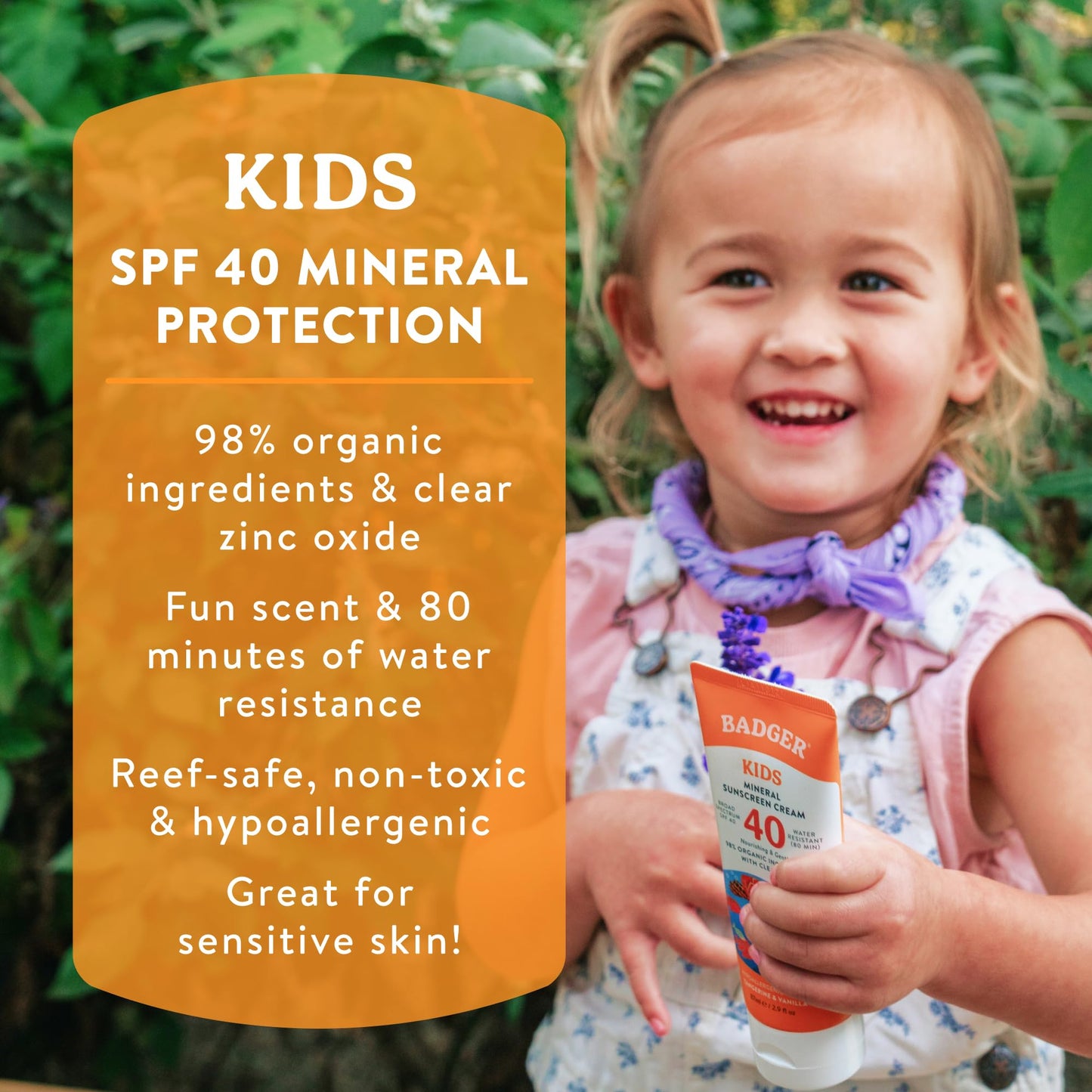Badger Kids Mineral Sunscreen Cream SPF 40, 98% Organic Ingredients, Zinc Oxide Sunscreen for Kids Face & Body, Water Resistant, Reef Friendly, Hawaii Approved Sunblock, 2.9 fl oz, 2-Pack