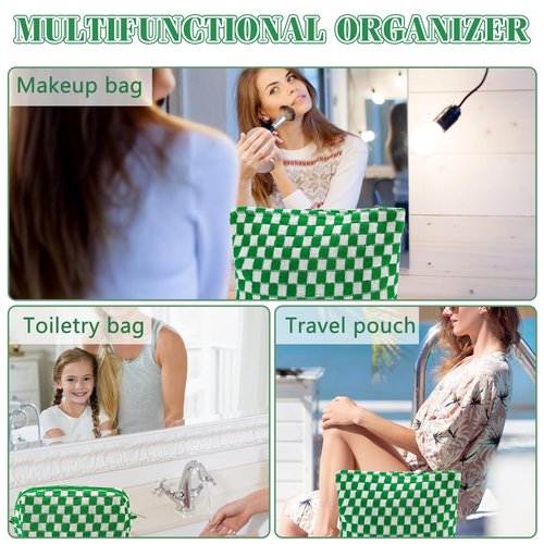 ZLFSRQ 3Pcs Checkered Makeup Bag for Women Large Cosmetic Bag Set Travel Toiletry Bag Makeup Pouch Bag for Purse Green Zipper Storage Bag Organizer Cute Small Aesthetic Girls Car Essentials Bag