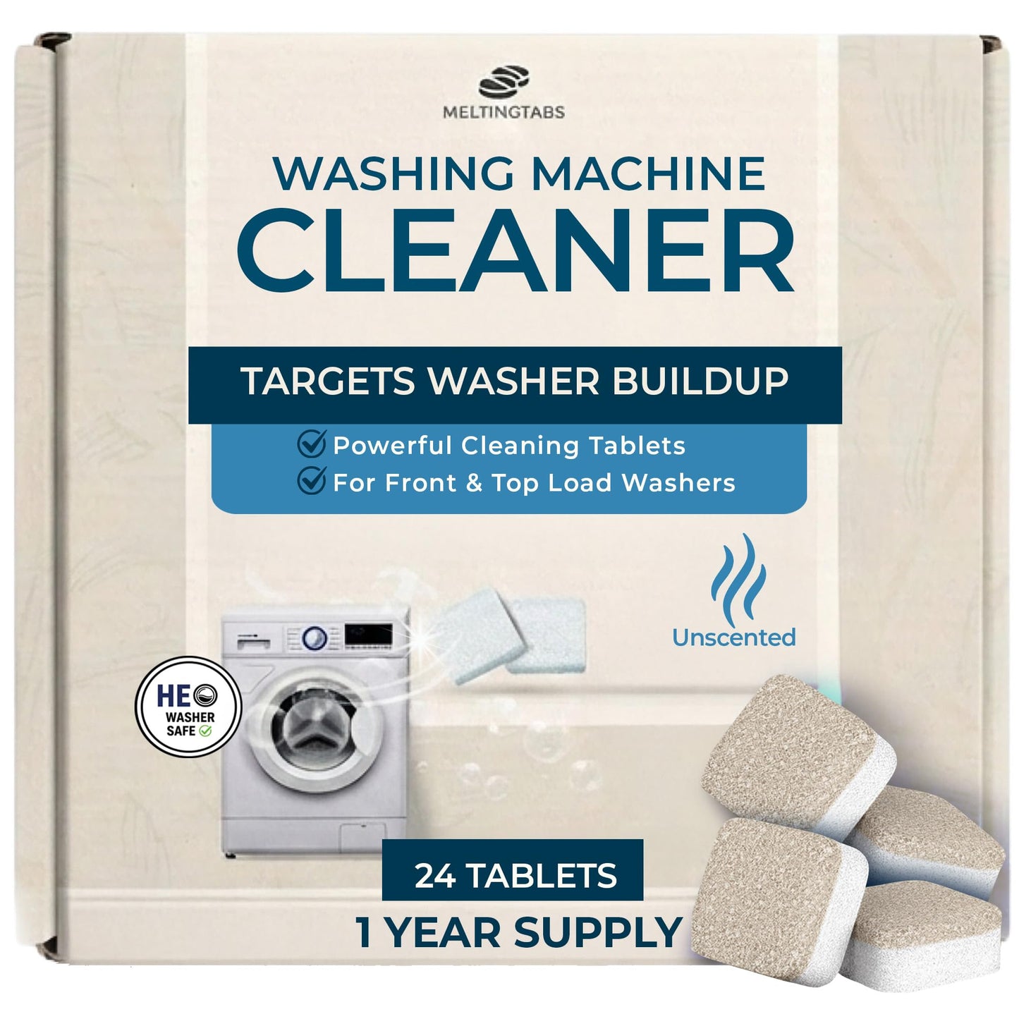 MELTINGTABS Washing Machine Cleaner Tablets, 24 Pack (12-Month Supply) — Deep-Cleaning Descaler & Deodorizer for Front Load, Top Load & HE Washers — Removes Odor, Residue & Buildup, Unscented