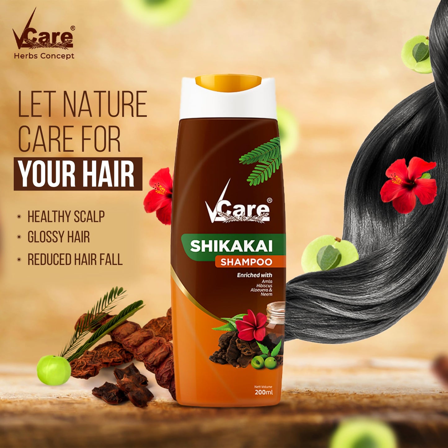 VCare Shikakai Shampoo Enriched With Amla | Hibiscus| Aloevera | Neem -200ml/6.7 Fl Oz