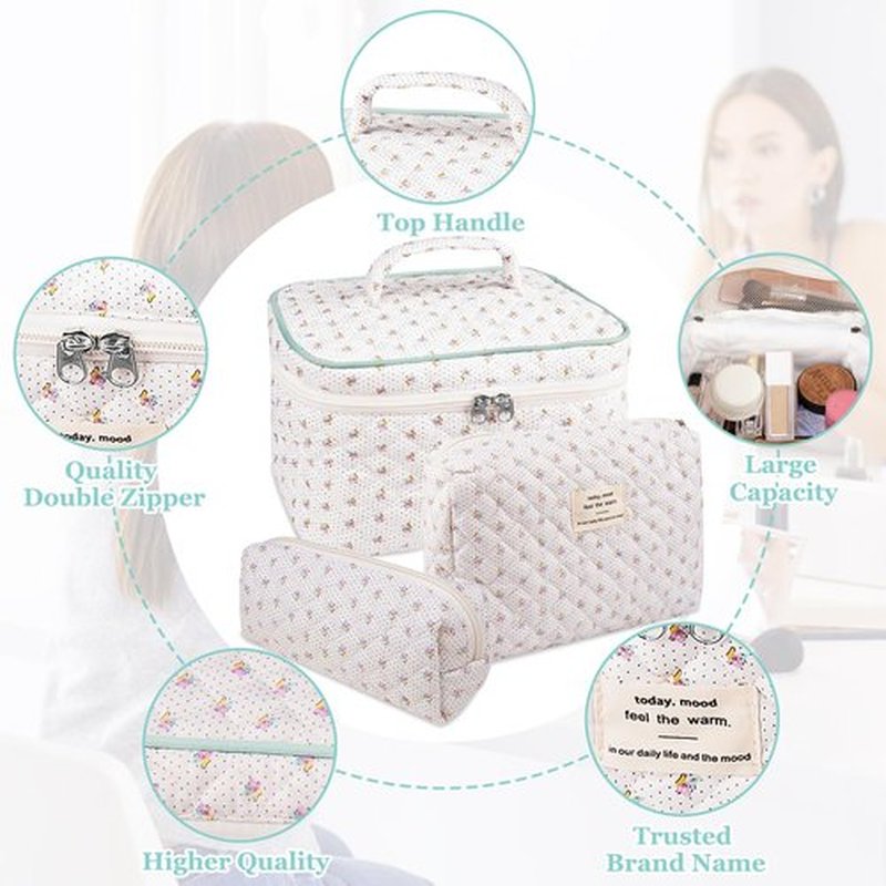 Makeup Bag Set, Quilted Makeup Bag, Large Floral Cosmetic Bag for Women, Cute Cotton Makeup Bag, Flower Travel Toiletry Organizer Bag (Flower)