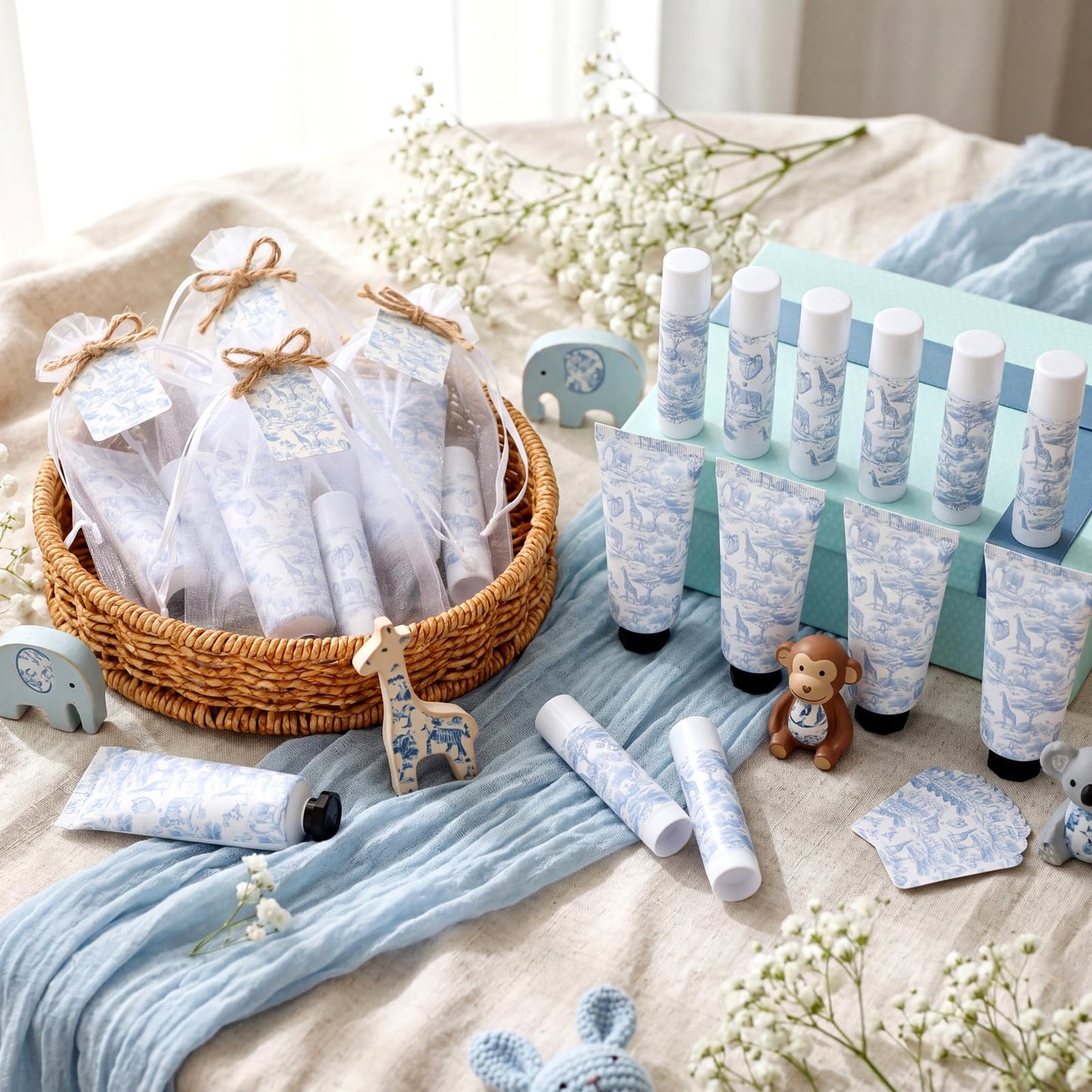 Qunclay 30 Sets Toile De Jouy Baby Shower Hand Cream and Lip Balm Gift Set Blue Chinoiserie Safari Animals Travel Size Hand Lotion Lip Balm Gifts Baby Bridal Shower Party Supplies for Guests