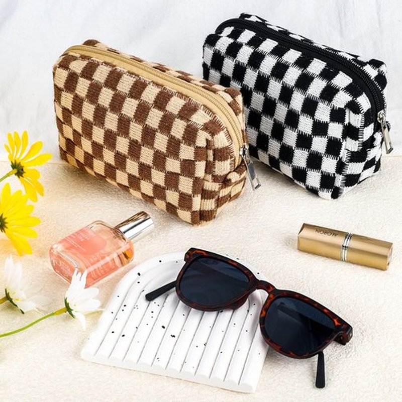ZLFSRQ 2Pcs Checkered Makeup Bag for Women Medium Travel Cosmetic Bag Makeup Pouch for Purse Zipper Toiletry Bag Organizer Cute Y2K Aesthetic Trendy Adults Makeup Brushes Storage Case(Black/Brown)
