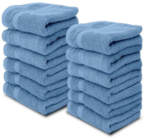 White Classic Luxury Cotton Washcloths - Large Hotel Spa Bathroom Face Towel | 12 Pack | Light Blue