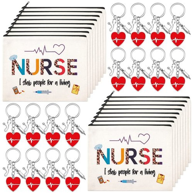 Cunno 32 Pcs Nurse Appreciation Gift Set Nurse Makeup Bags Nurse Keychains for Women Nurse Week Graduation Gifts(Funny Style)