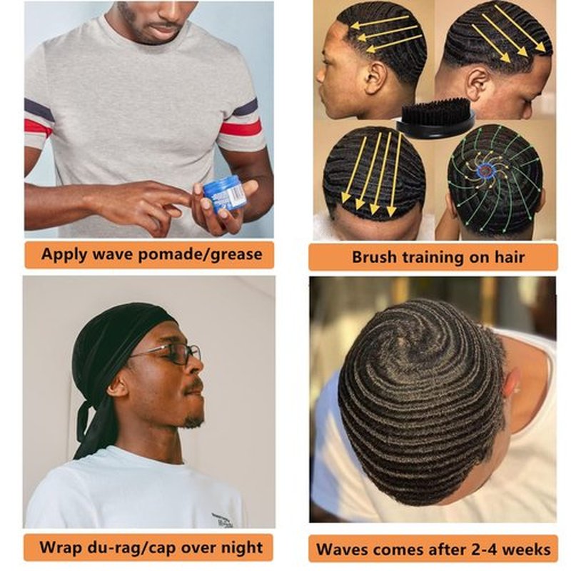 Himoswis 360 Wave Brush Set with Curved Medium Hard Brushes, Durag, Crown Patch - Hair Waves Starter Kit for Men