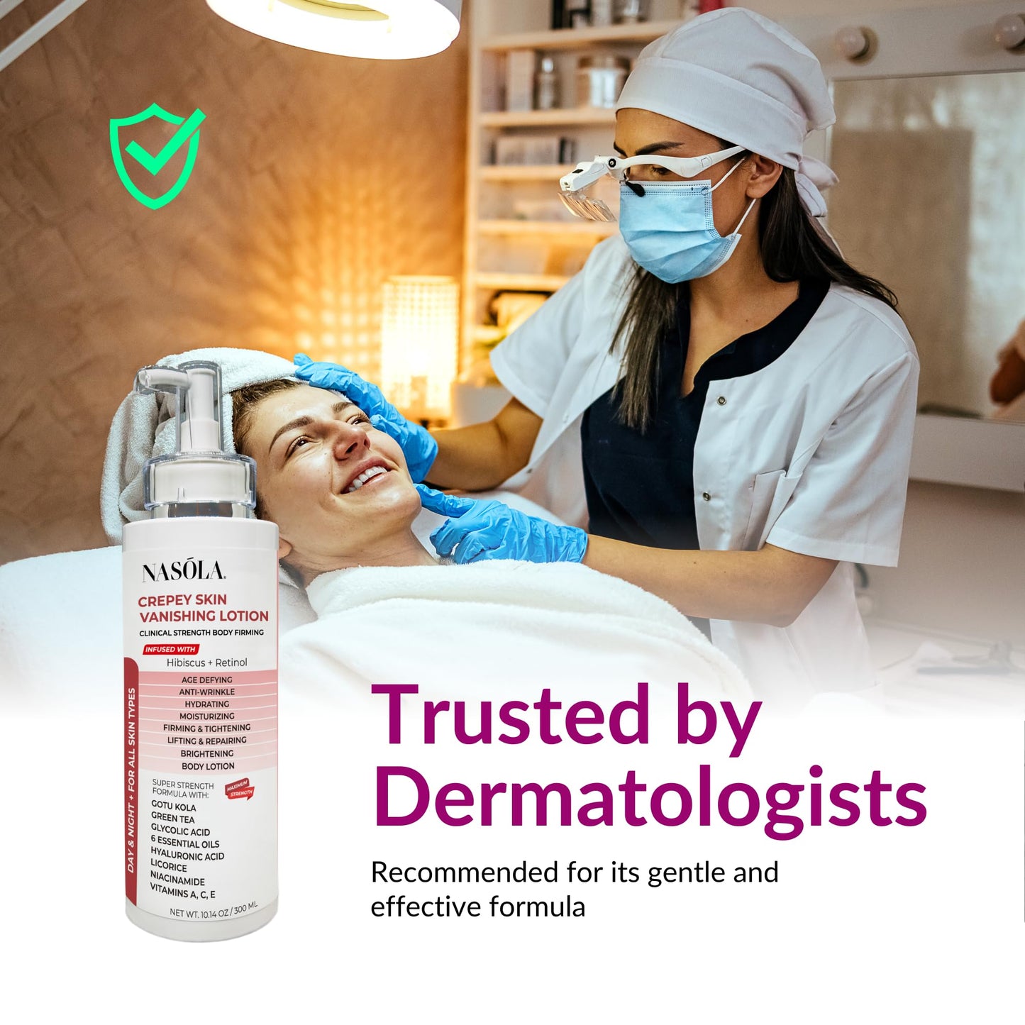 Nasola Crepe Erase Advanced Body Repair Treatment Lotion with Retinol and Hibiscus, Hyaluronic Acid, Vitamin C, E, A, Niacinamide Skin Tightening & Lifting Cream Moisturizer for Dry Aging Skin 10.14Oz