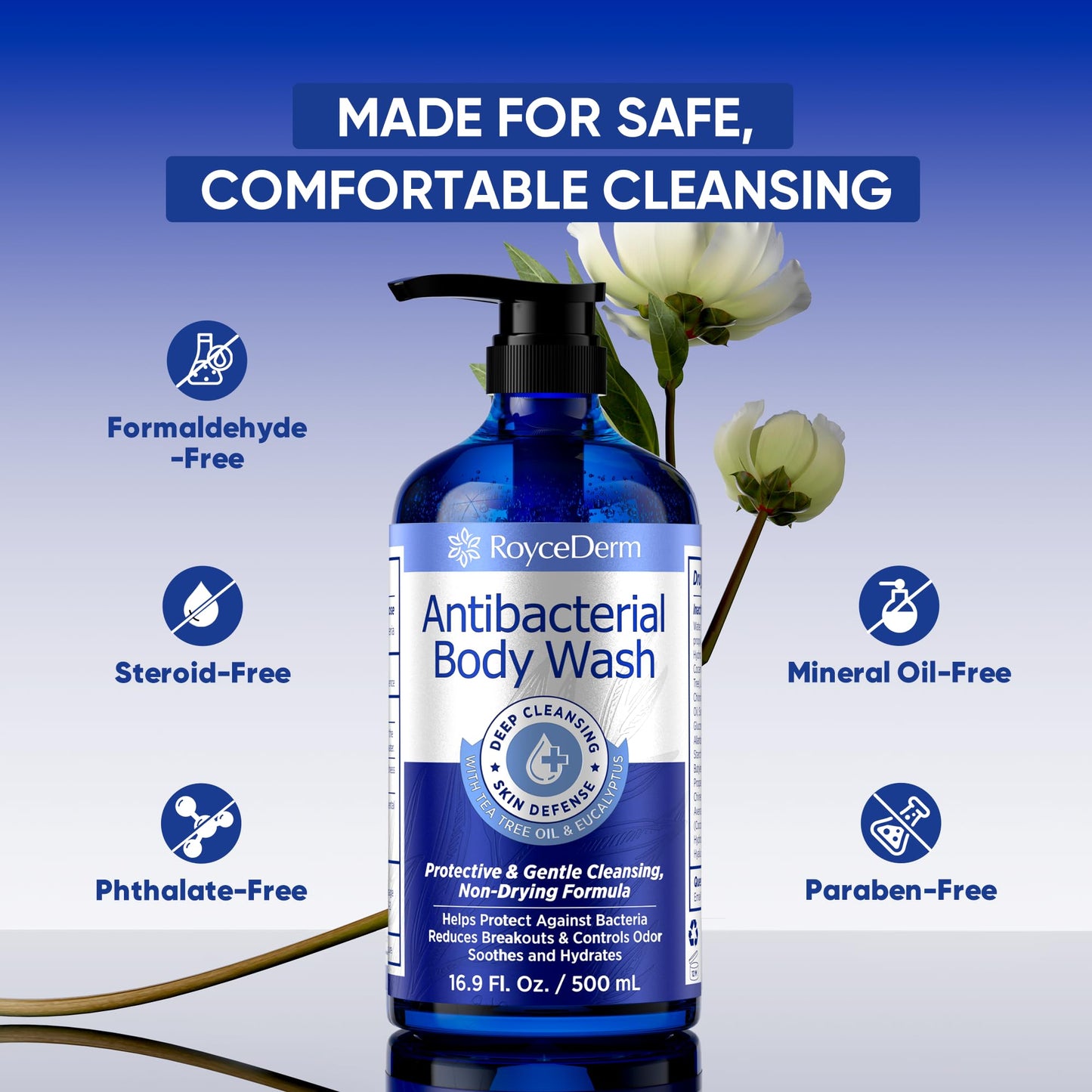 Roycederm Antibacterial & Antifungal Body Wash (16.9 fl oz) - Antibacterial Soap for Odor, Back Acne, Jock Itch, Athlete’s Foot & Eczema - Kills 99.9% of Germs & Bacteria - Non-Drying Daily Cleanse