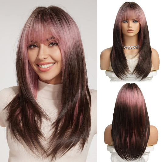 OUFEI Pink Brown Ombre Wig with Bangs Long Straight wigs for Women Layered Wigs Synthetic Hair Heat Resistant Wigs for Daily Party Cosplay Wear