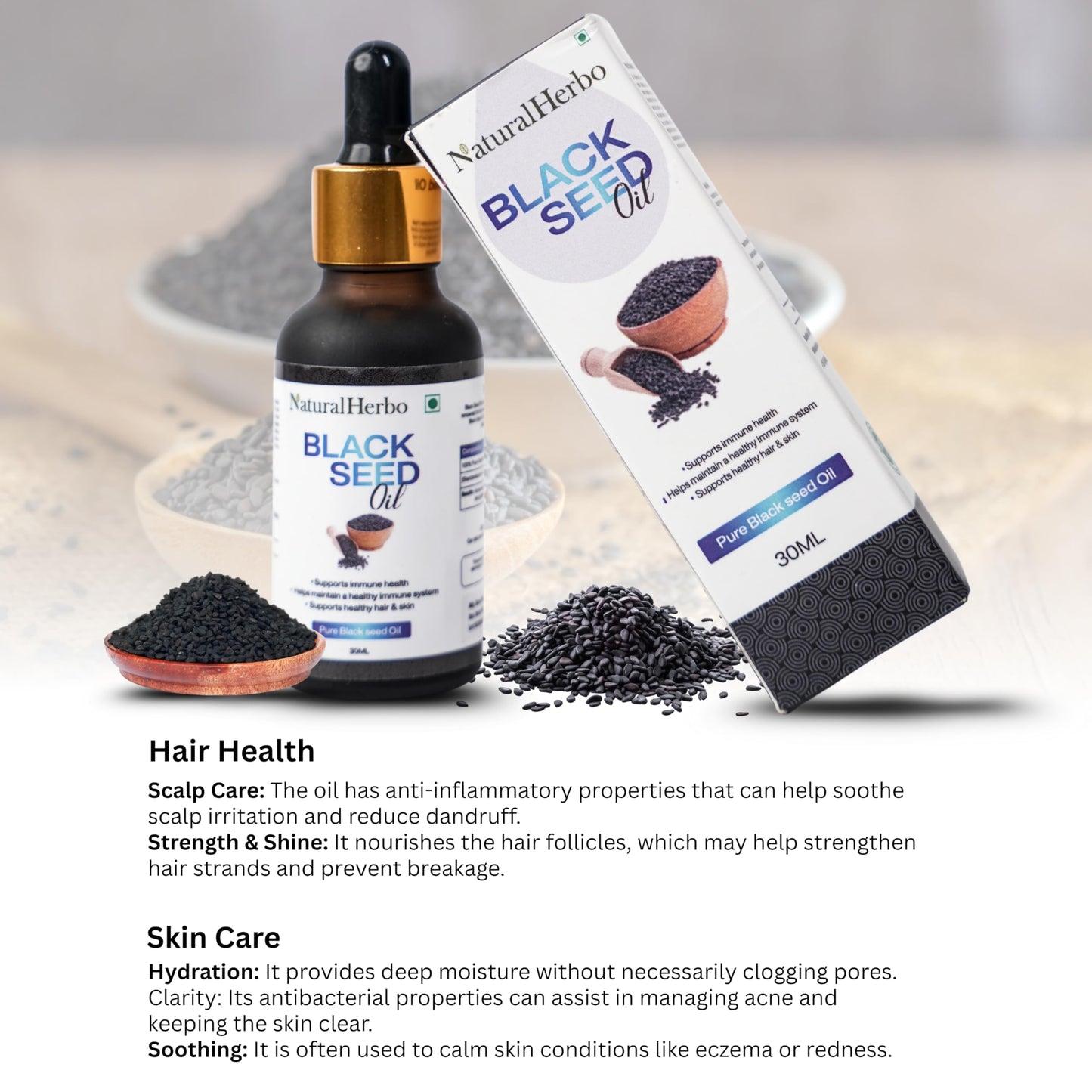 NaturalHerbo Pure Black Seed Oil for Skin, Hair and Scalp | Cold Pressed Nigella Sativa 30ml Herbal Oil for Hairs | Support Immune Health | Non-GMO Natural Supplement for Joints, Skin and Hairs