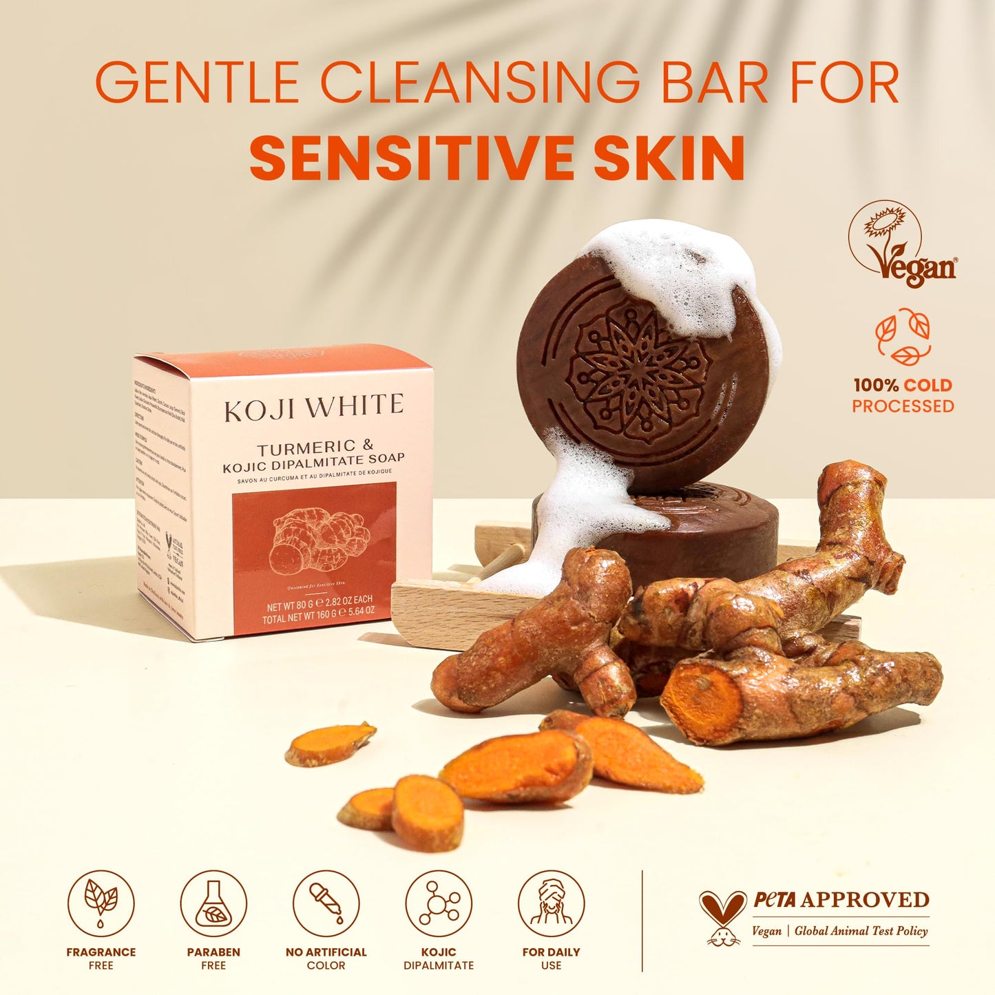 Koji White Turmeric Kojic Acid Soap, Unscented Soap for Sensitive Skin, Uneven Skin Tone, Smooth Skin for Face & Body-Acne with Shea Butter - Vegan, Fragrance-Free, Hypoallergenic, 2.82 oz (2 Bars)