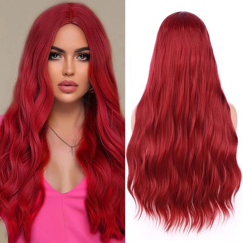 HANNE Long Red Wig for Women Middle Part Red Mermaid Wig Curly Wave Red Wigs Heat Resistant Long Wavy Red Wig Synthetic Hair Replacement Wig for Daily or Party Use (Red Wig)