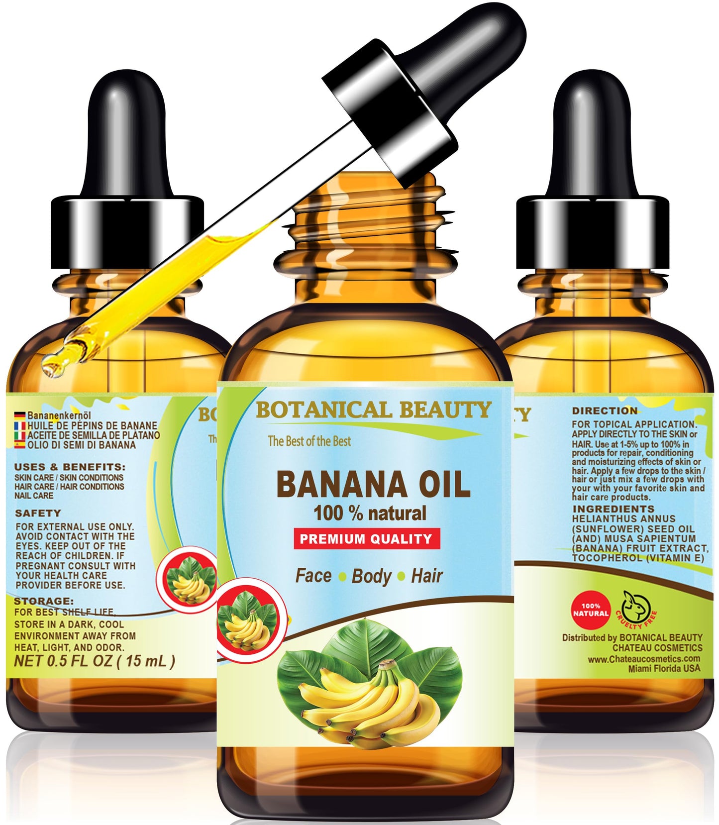 Botanical Beauty BANANA OIL 100% Natural Pure Virgin Unrefined Cold Pressed Carrier Oil for Face, Skin, Hair, Lip, Nails for Dry, Sensitive, Normal Skin 0.5 Fl Oz 15 ml