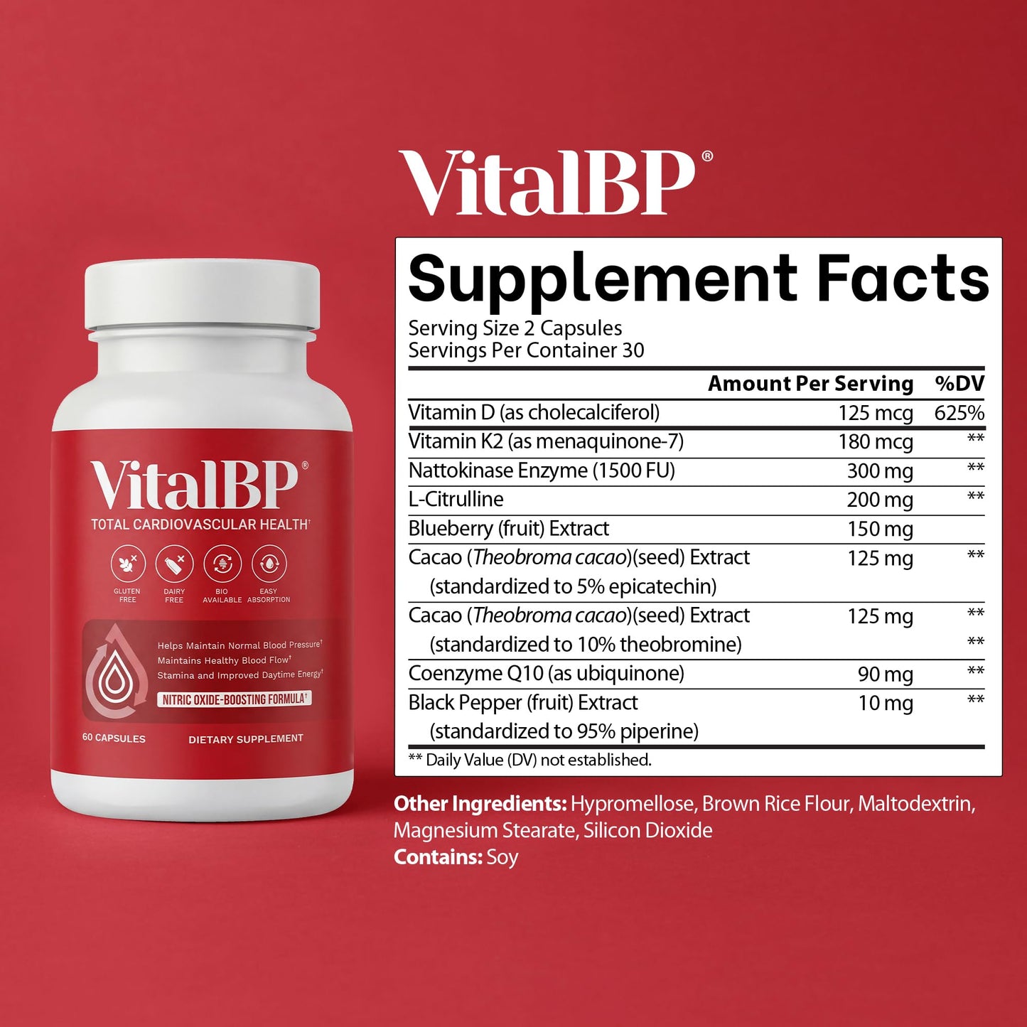 VitalBP - 2 Pack - Support for Normal Blood Pressure - Supports Blood Flow & Arteries - with CoQ10, L-Citrulline, and K2 & D3-60 Capsules