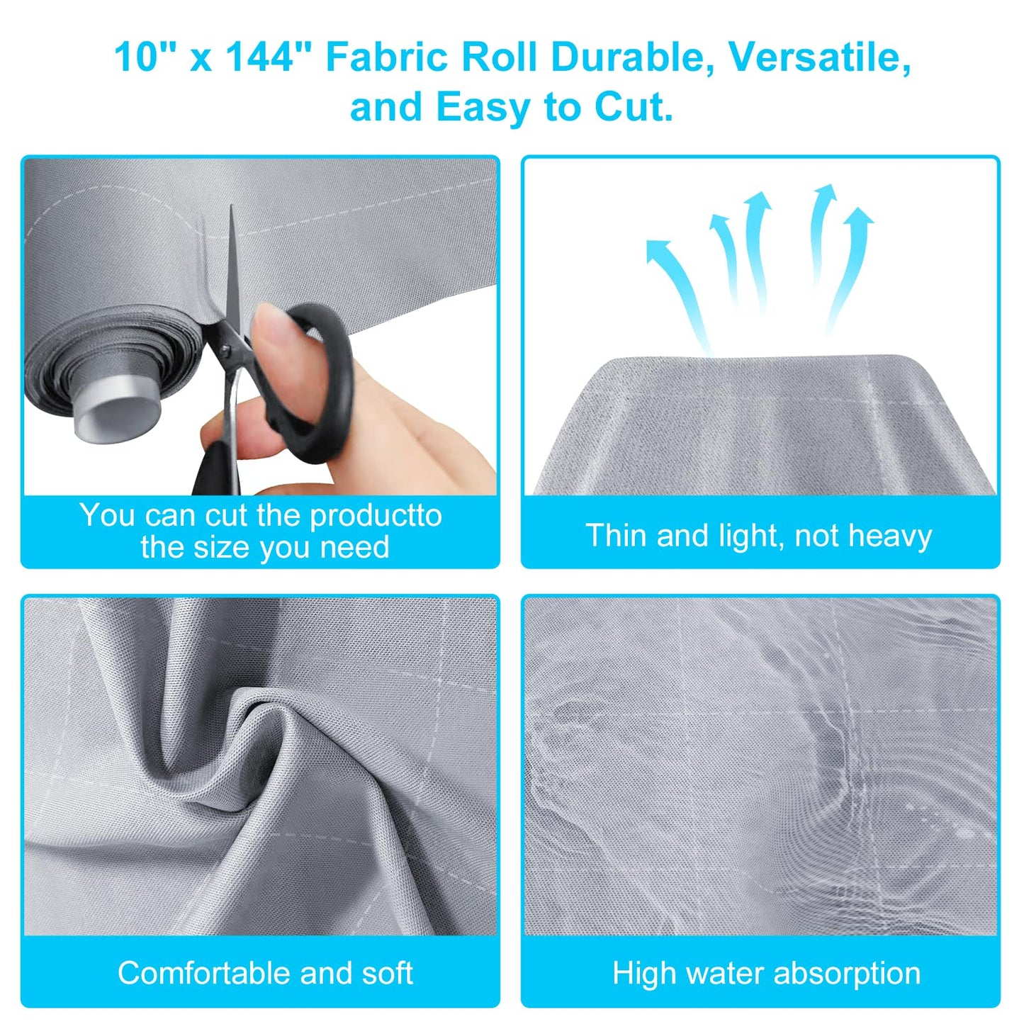 10x144 Inch Silver Infused Fabric Roll, Moisture Wicking, for Skin Folds