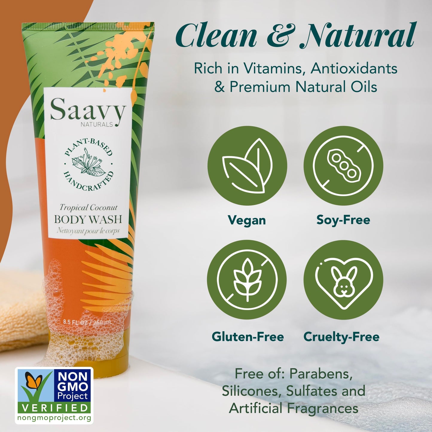 Saavy Naturals Moisturizing Body Wash for Sensitive Skin – Plant-Based & Pure with Coconut Oil, Shea Butter & Aloe Vera – Paraben-Free, Cruelty-Free – Tropical Coconut – 8.5 fl oz, 1 pack