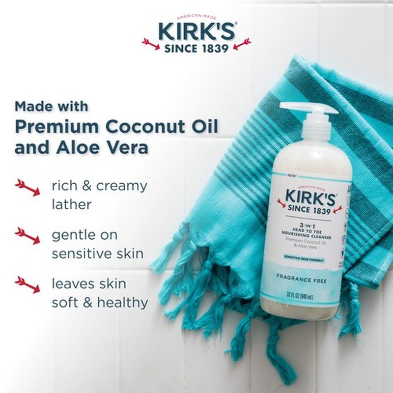 Kirk's 3-in-1 Head to Toe Nourishing Liquid Cleanser- for Men, Women & Children - Premium Coconut Oil & Aloe Vera- Non GMO & Vegan -Fragrance Free - 32 Fl Oz. - 2 Pack