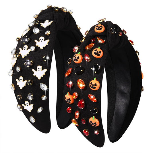2PCS Halloween Headbands for Women Halloween Accessories Boo Trick or Treat Knotted Headband Embellished Rhinestone Pearl Top Knot Headbands Halloween Costume Party Hair Accessory (2PCS Halloween C)