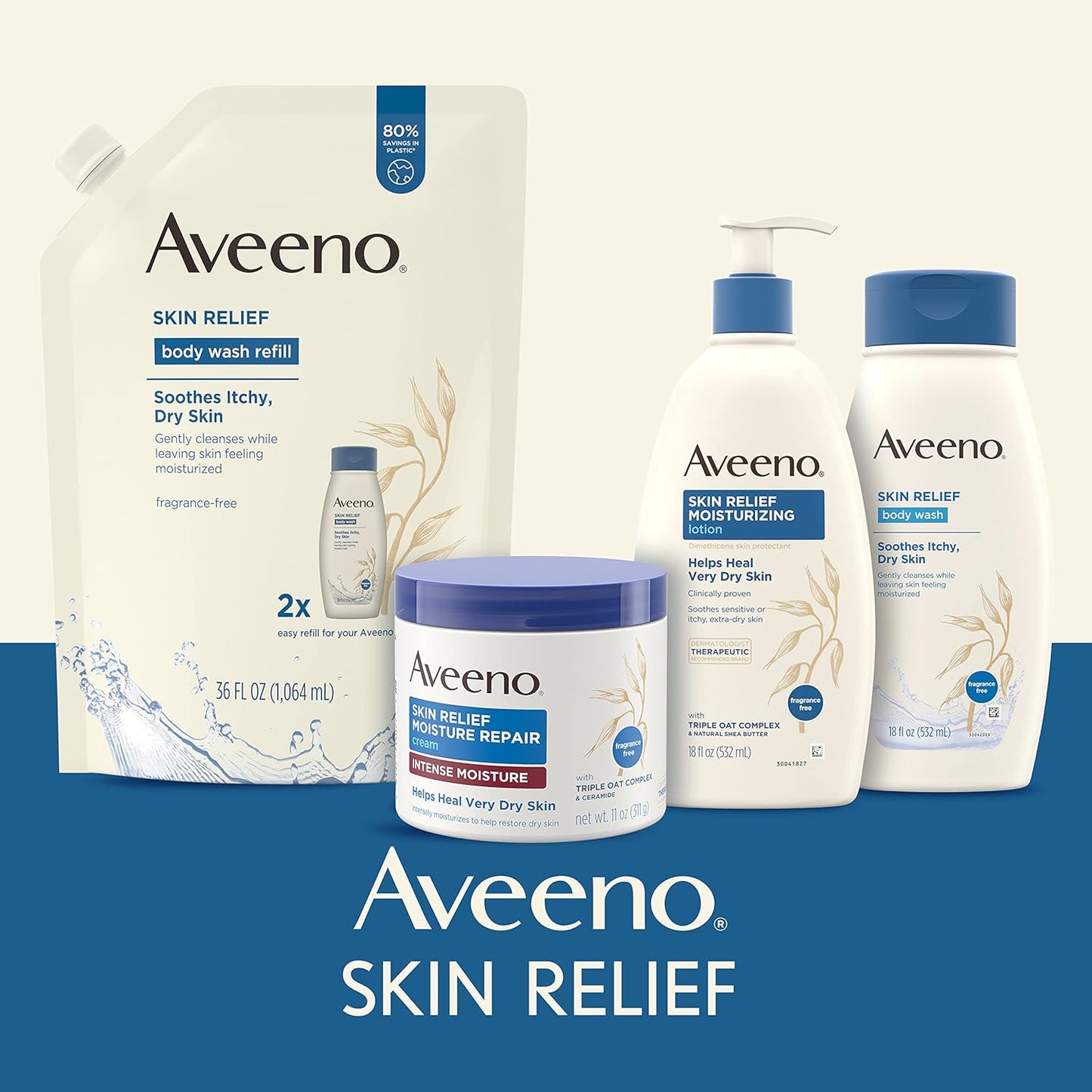 Aveeno Skin Relief Fragrance-Free Moisturizing Lotion for Sensitive Skin, with Natural Shea Butter & Triple Oat Complex, Unscented Therapeutic Body Lotion for Itchy, Extra-Dry Skin, 18 fl. oz