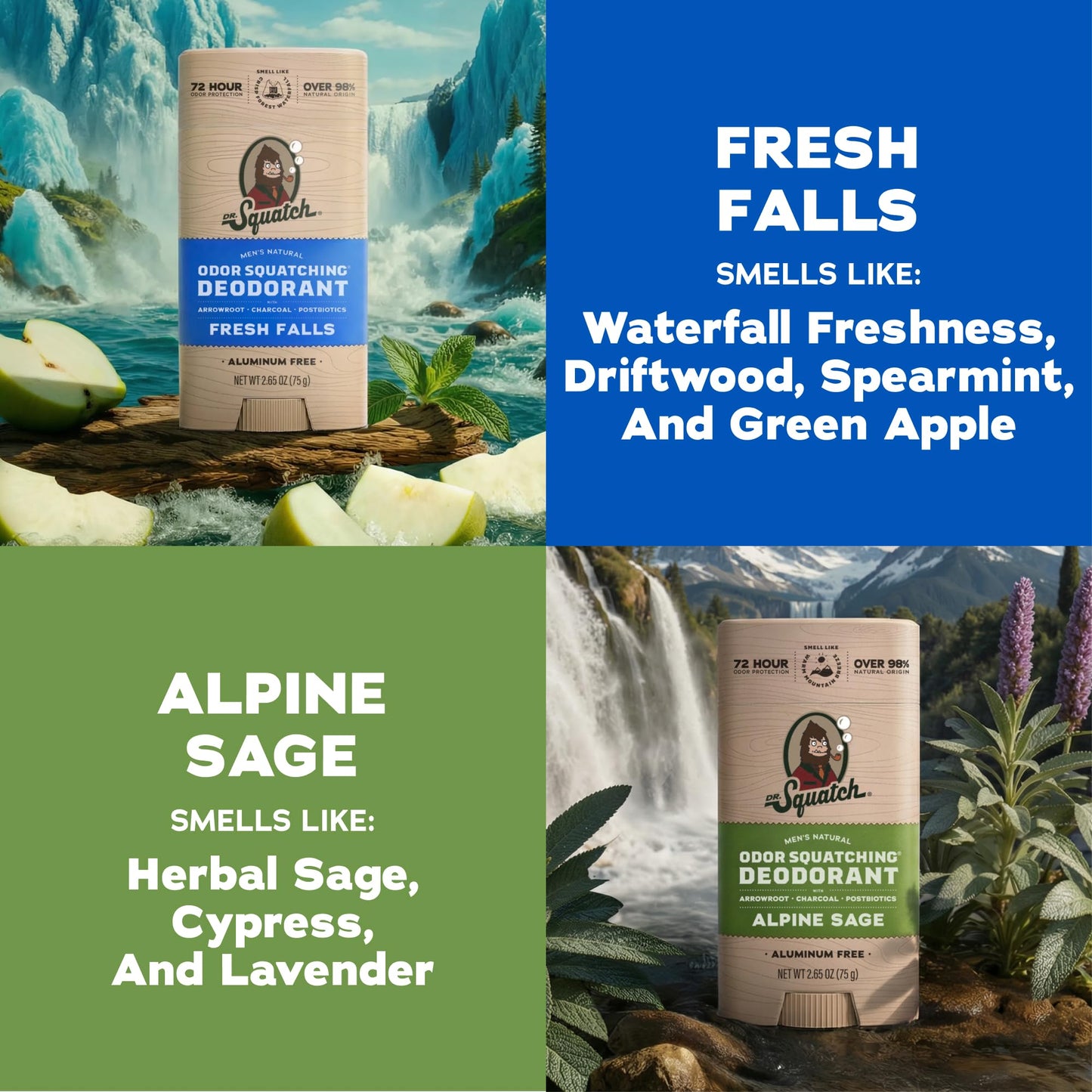 Dr. Squatch Natural Men’s Deodorant – Aluminum Free Natural Deodorant Men with Charcoal & Postbiotics for 72-Hour Odor Protection – Alpine Sage + Fresh Falls, 2.65oz Stick (2-Pack)