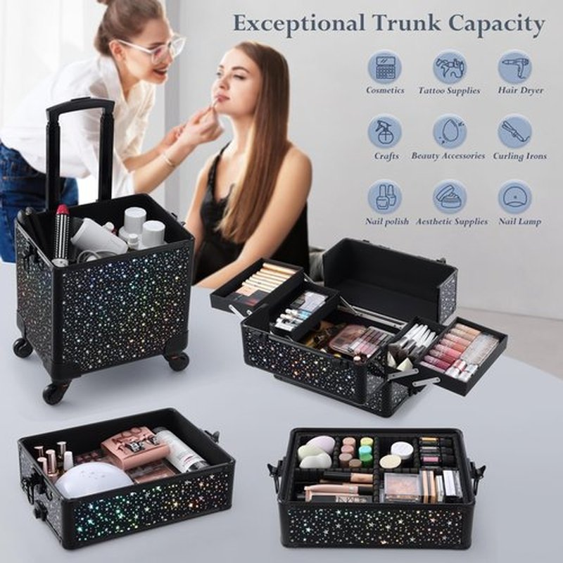 Stagiant Rolling Makeup Train Case Large Storage Cosmetic Trolley 4 in 1 Large Capacity Trolley Makeup Travel Case with Key Swivel Wheels Salon Barber Case Traveling Cart Trunk