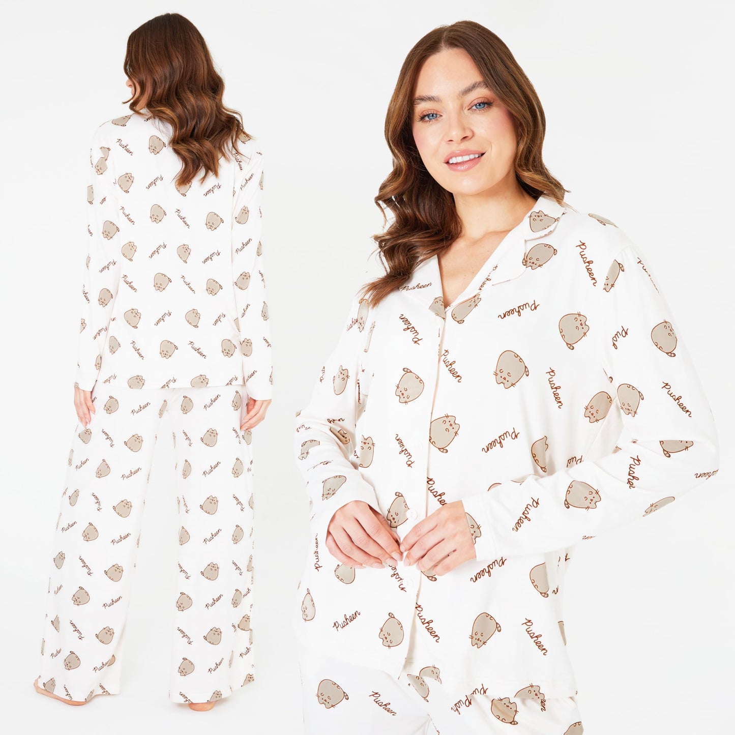 Get Trend Pusheen 2 Pc Pajamas Set for Women, Teens with Top, PJ Pants with Pockets, Cozy Sleepwear, Soft Loungewear, for Women (M, Beige Pusheen)